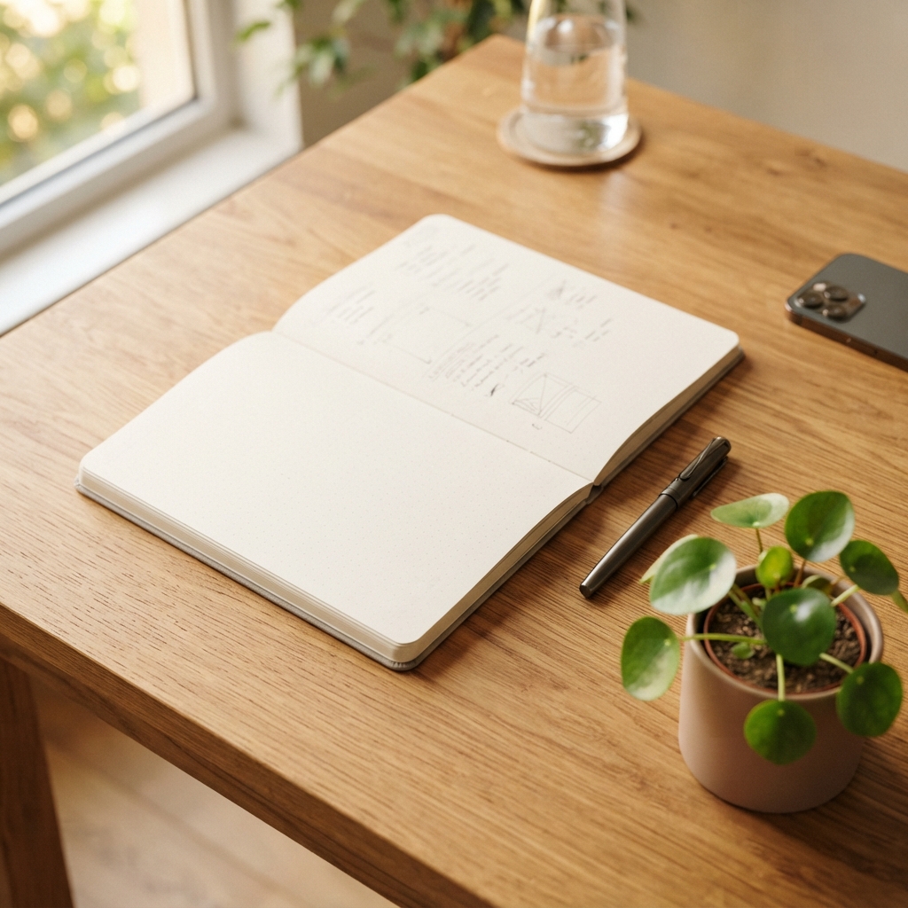 A clean and organized professional desk with notebook