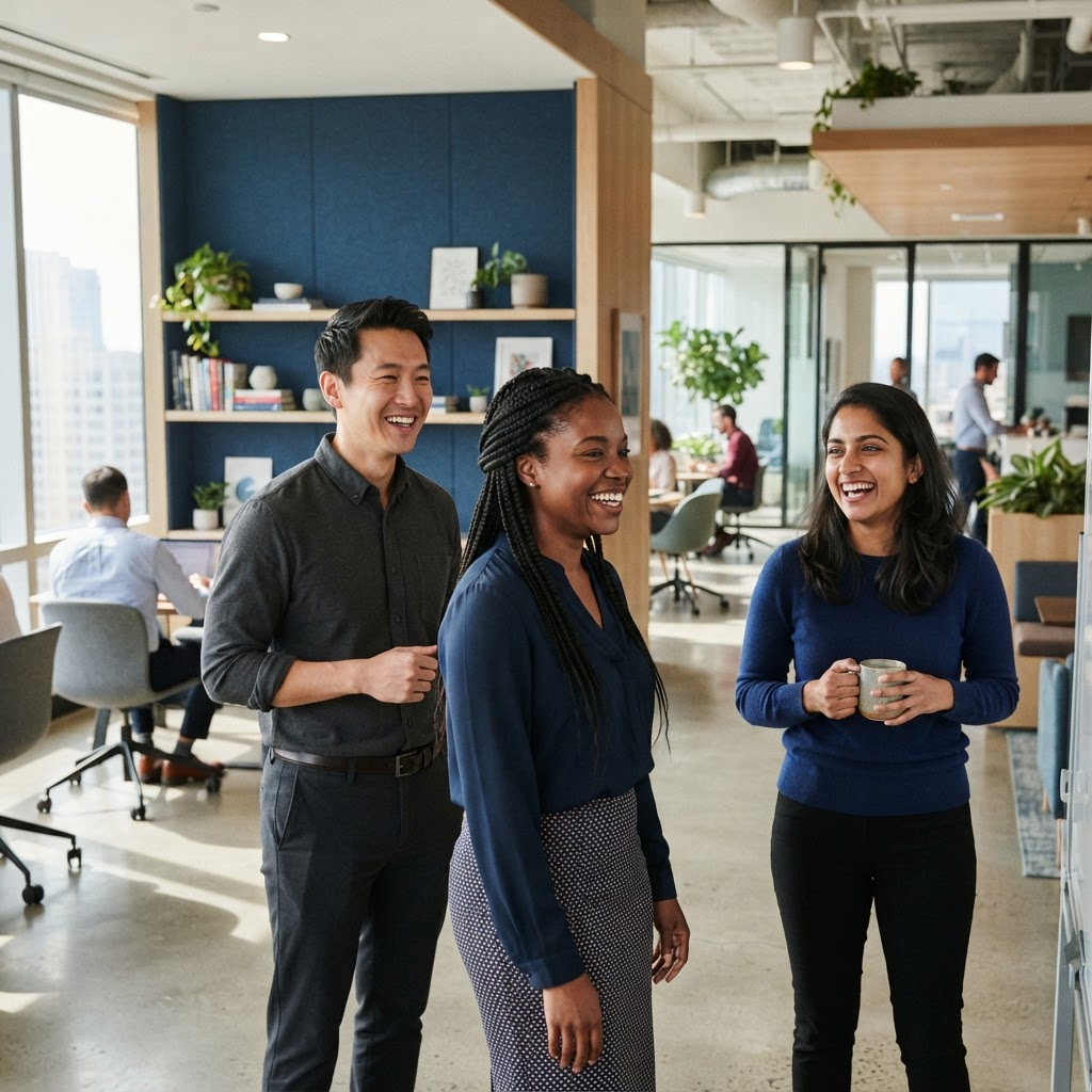 A small diverse group of colleagues standing together in an office