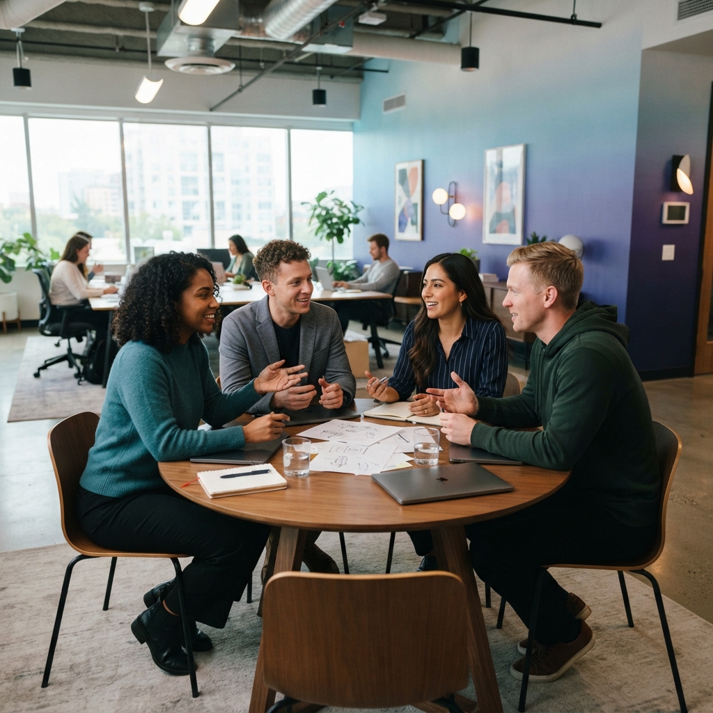 Diverse team collaborating around an office table