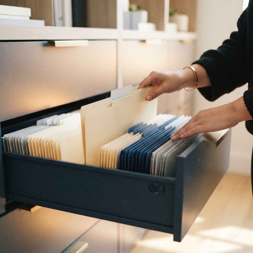 Hands organizing physical folders in a cabinet