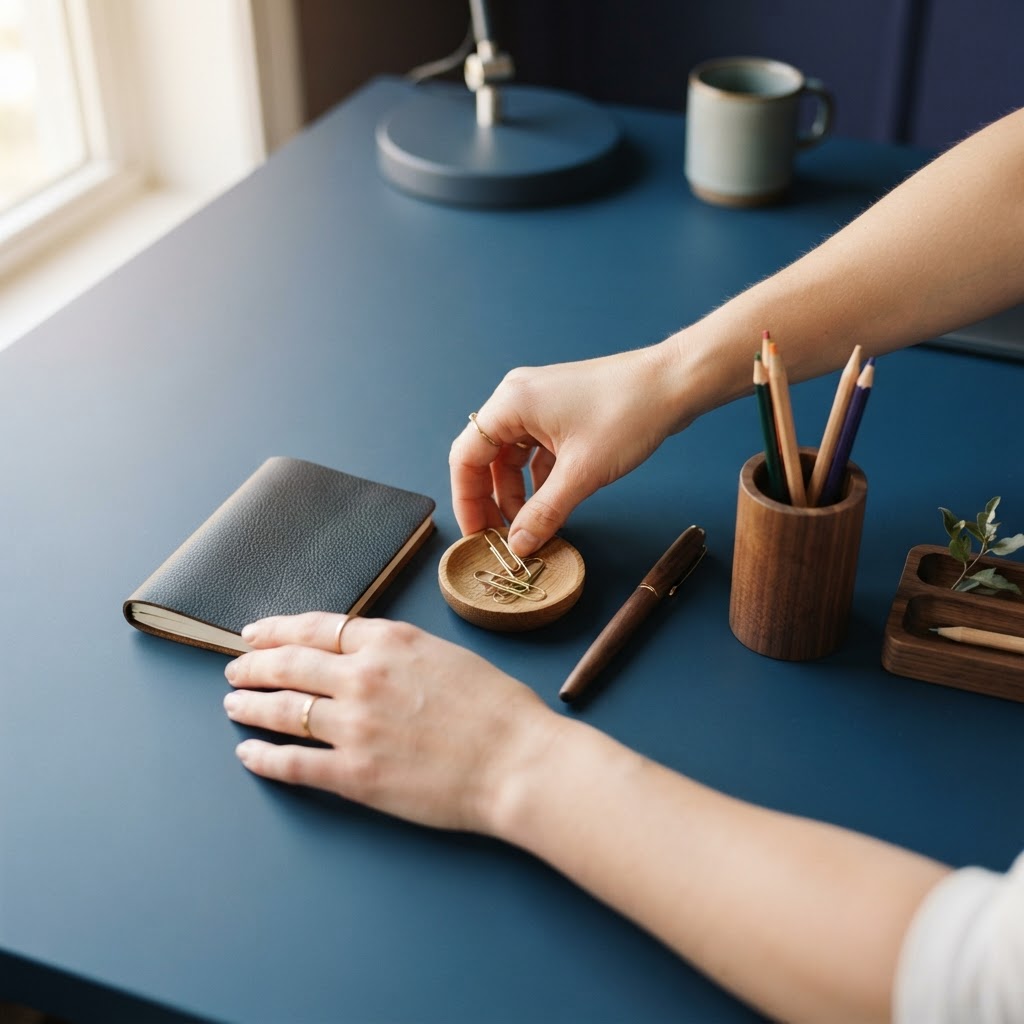 Hands neatly organizing items on a desk