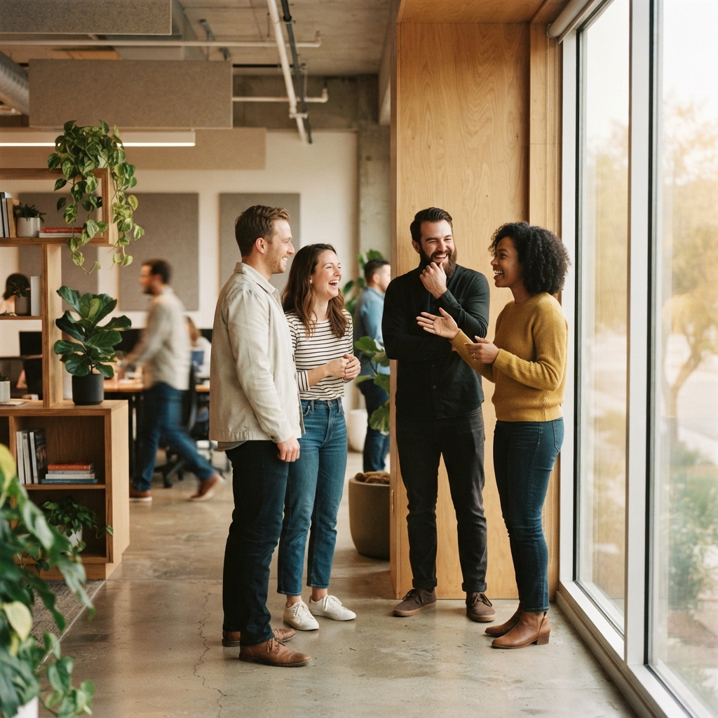 Small diverse team laughing and talking in an office