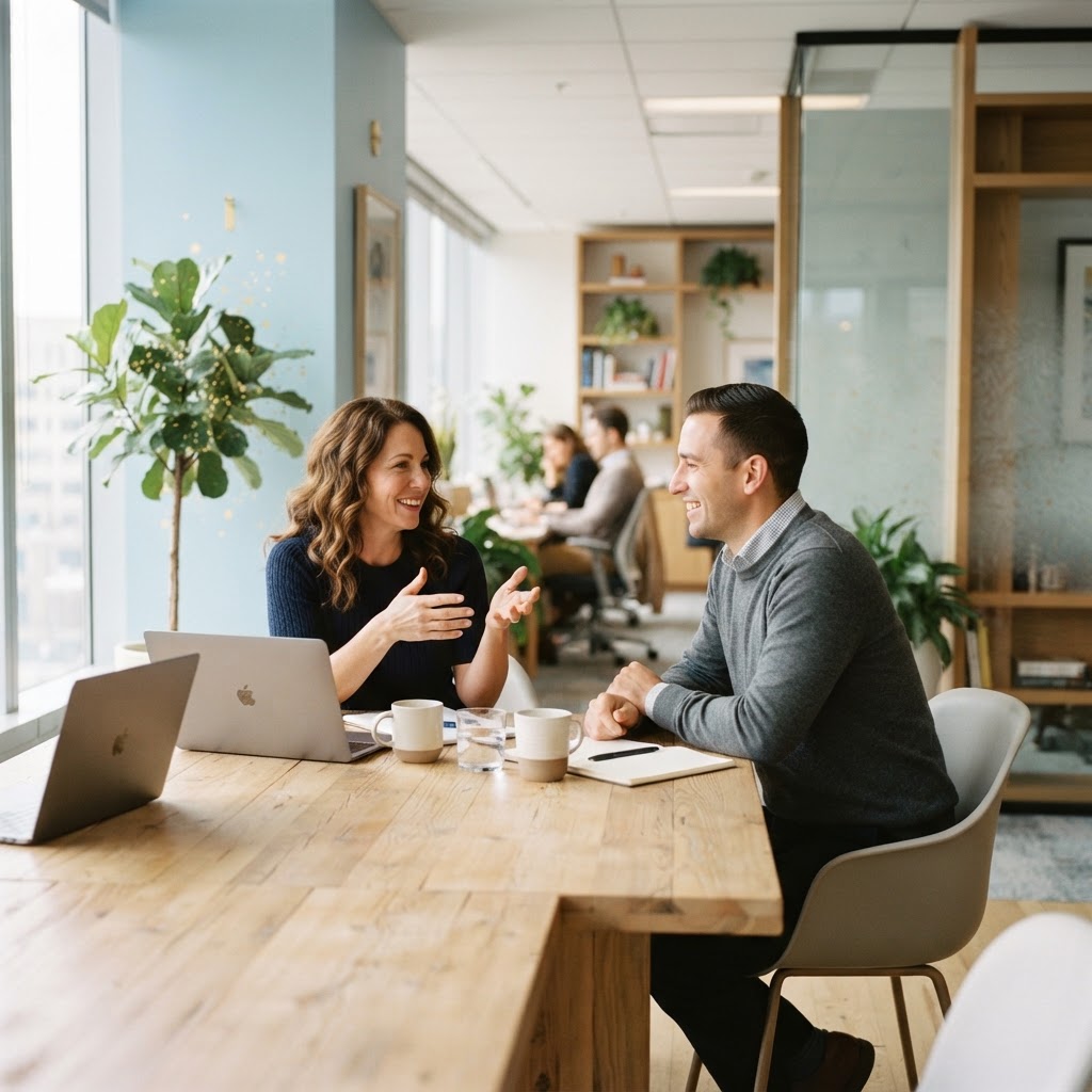 Two colleagues collaborating in a bright modern office