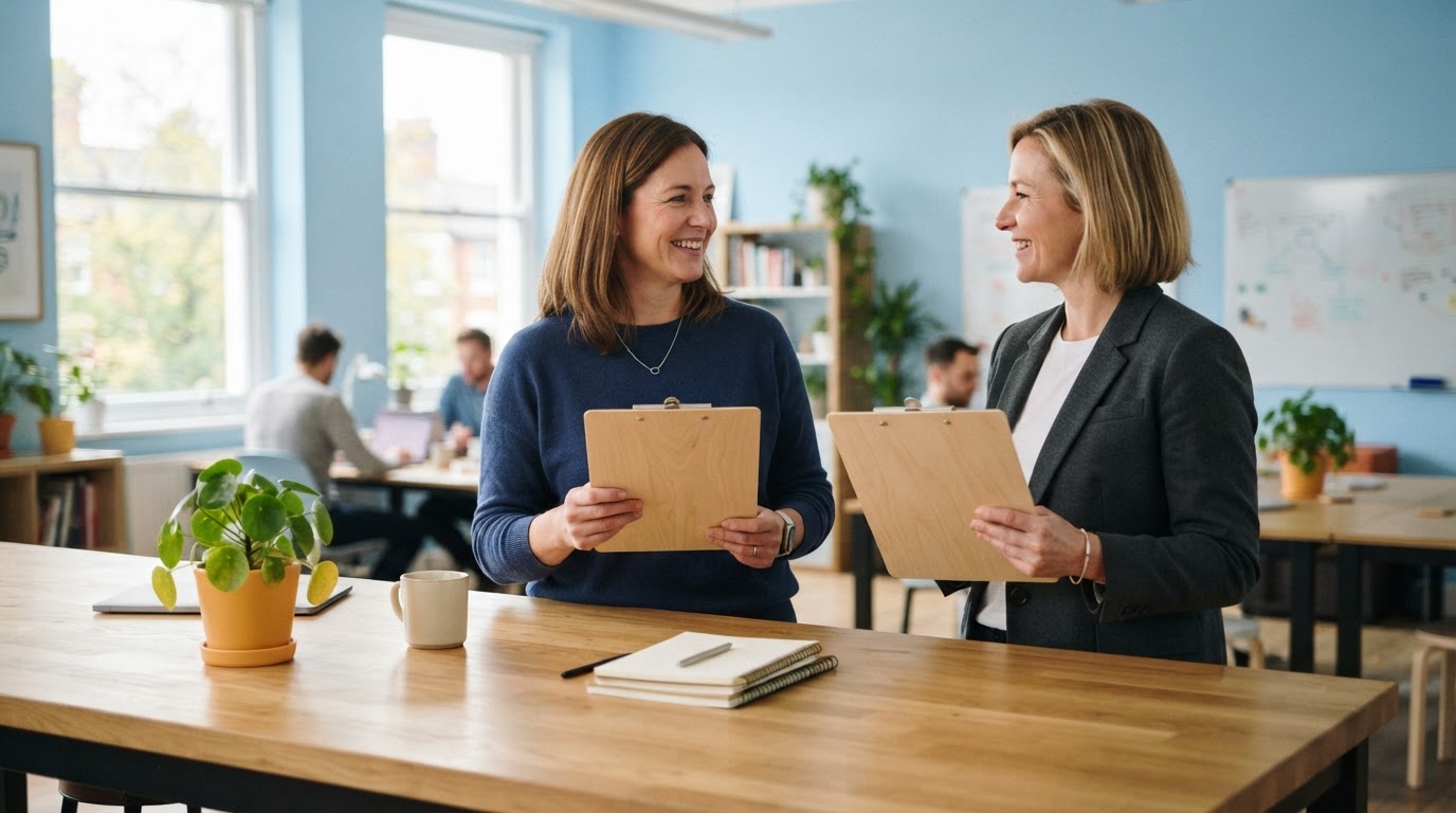 Founder and operations lead comparing two blank wooden clipboards in a bright modern office