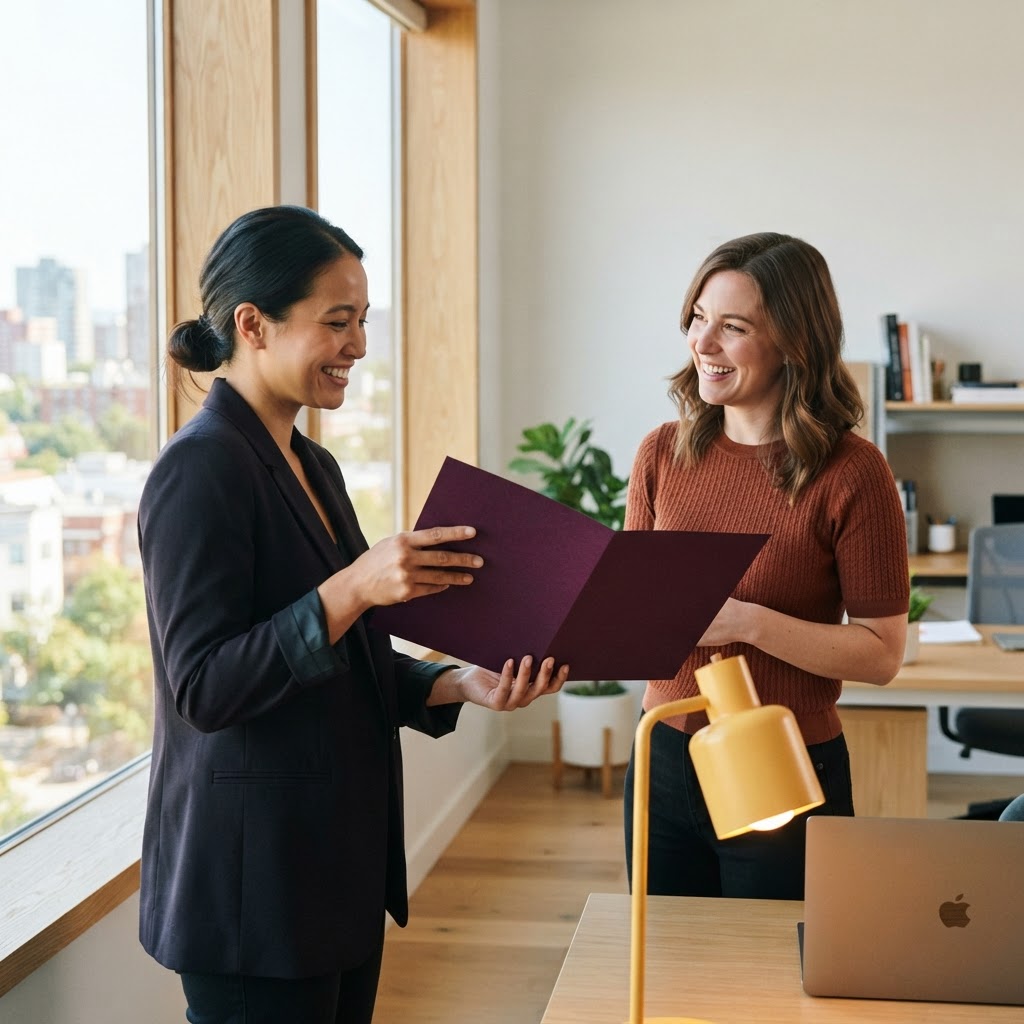 Founder showing an empty folder to an ops lead in a bright office