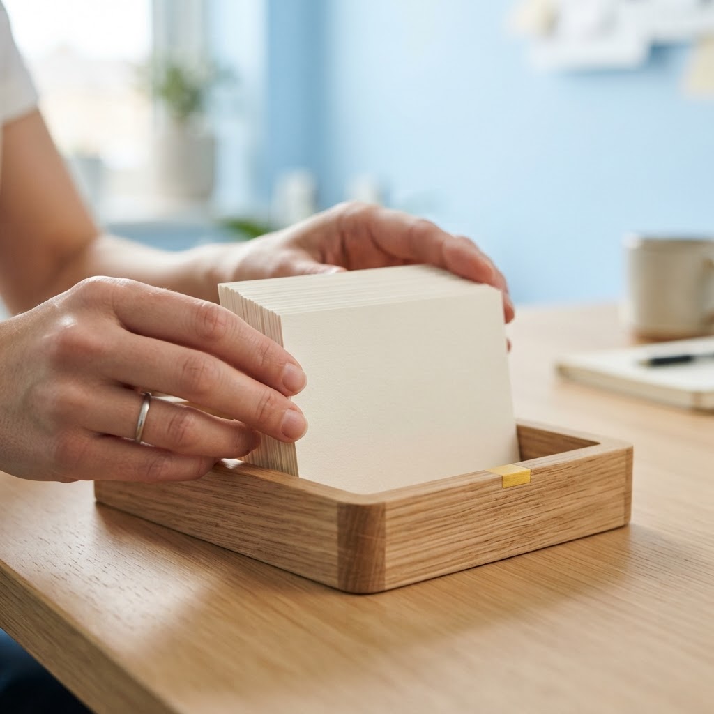Hands placing blank cards into a clean wooden desk organizer