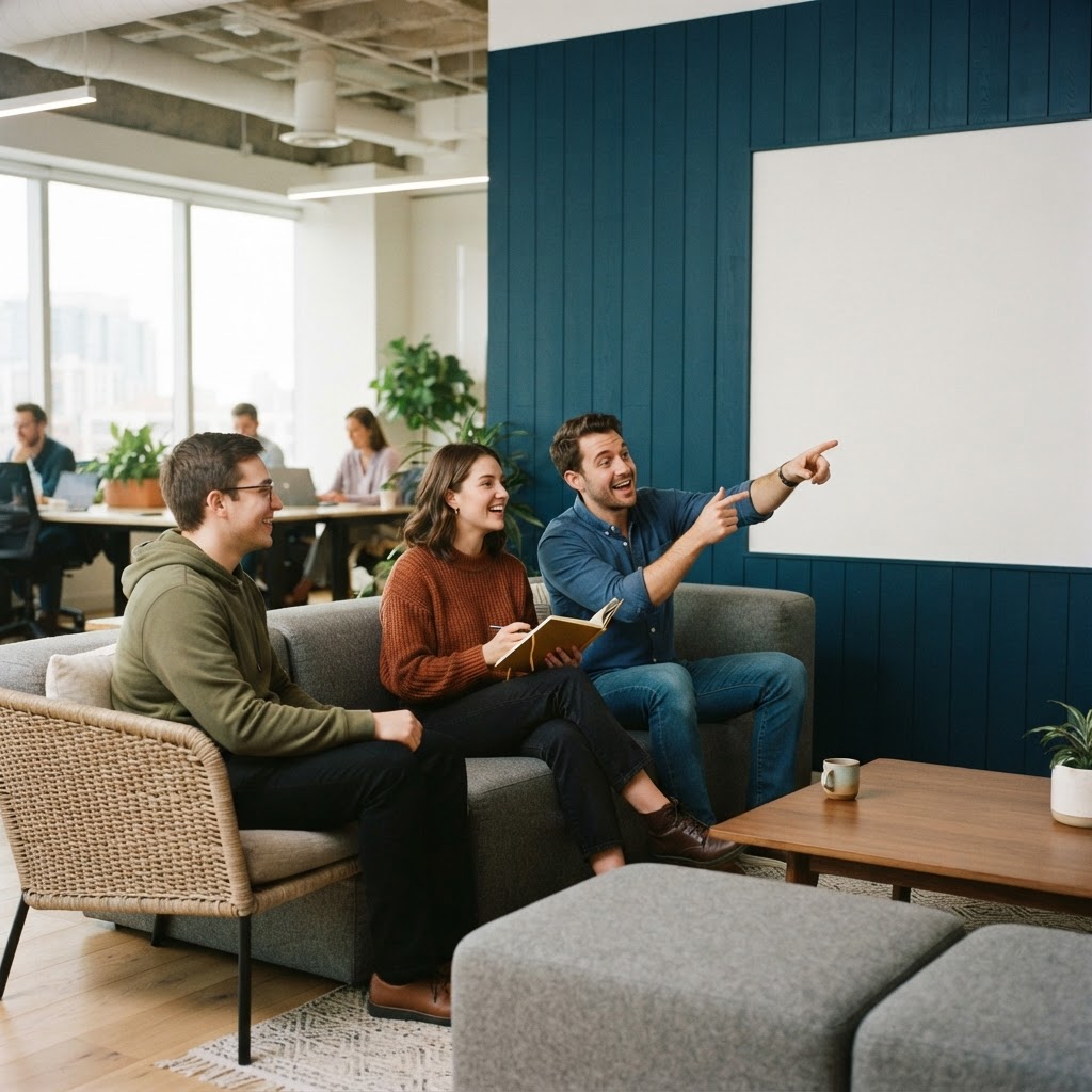 Three team members collaborating in a sunlit office lounge area