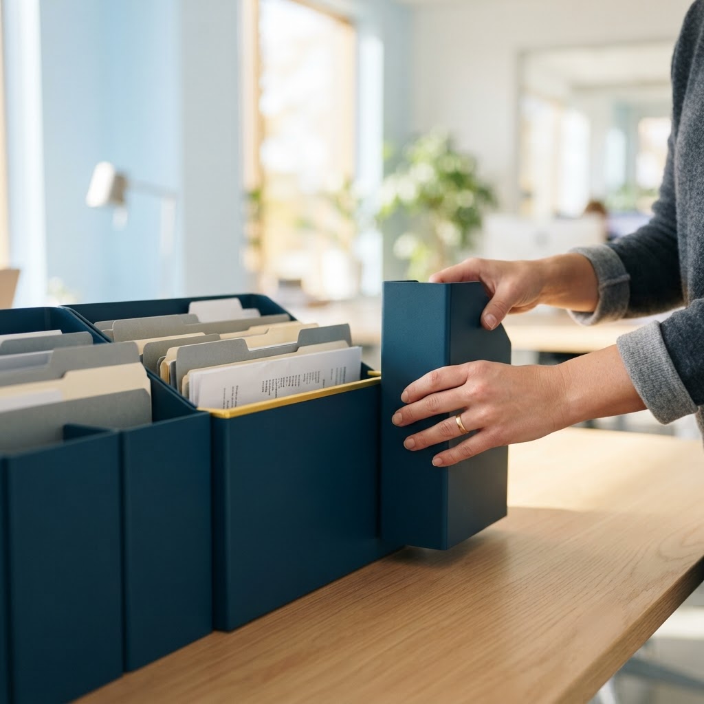 Close up of hands organizing office materials on a wooden desk