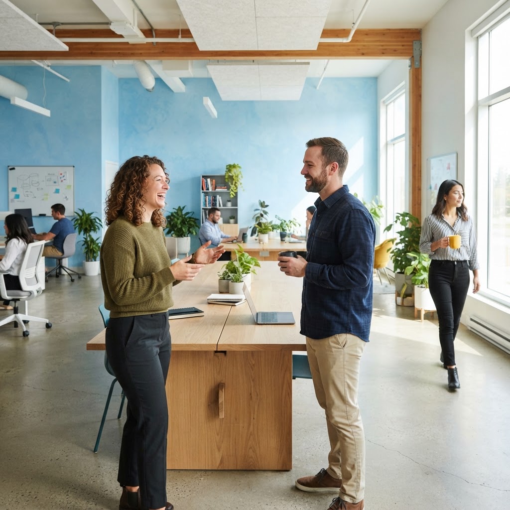 Diverse team members working together in a sunlit modern office