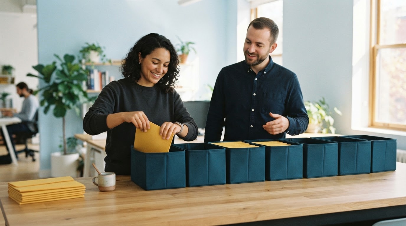 Two colleagues organizing materials on a clean wooden desk