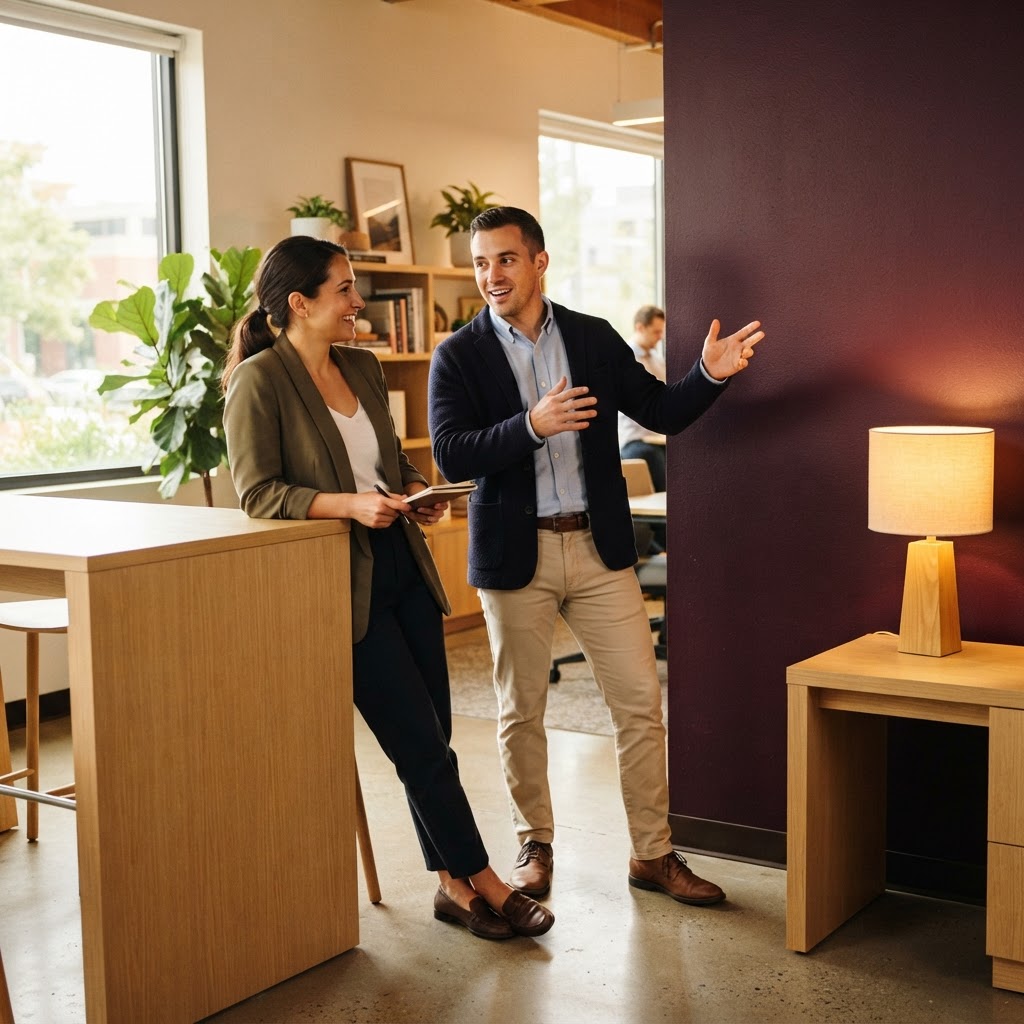 Two colleagues standing at a high table in a modern office