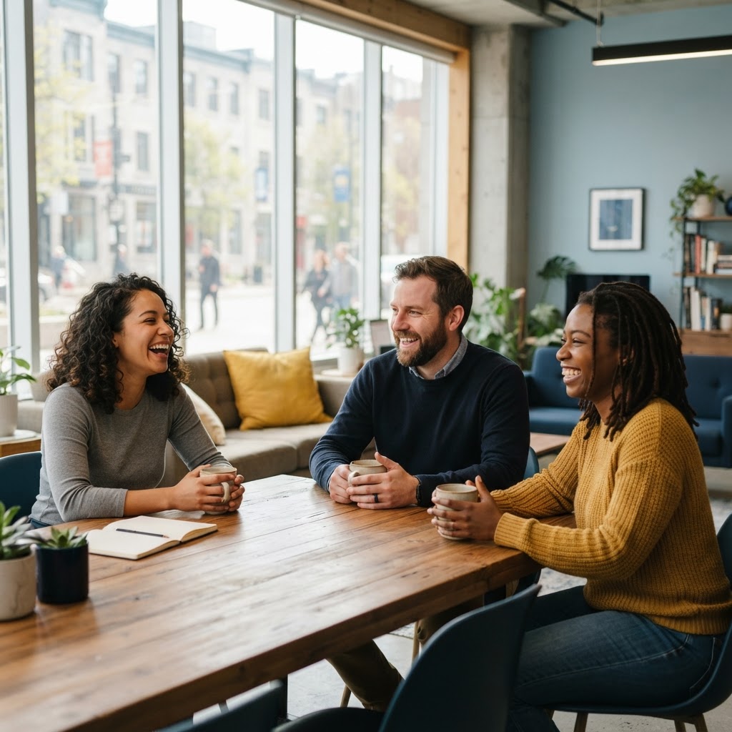 A happy team collaborating in a modern office