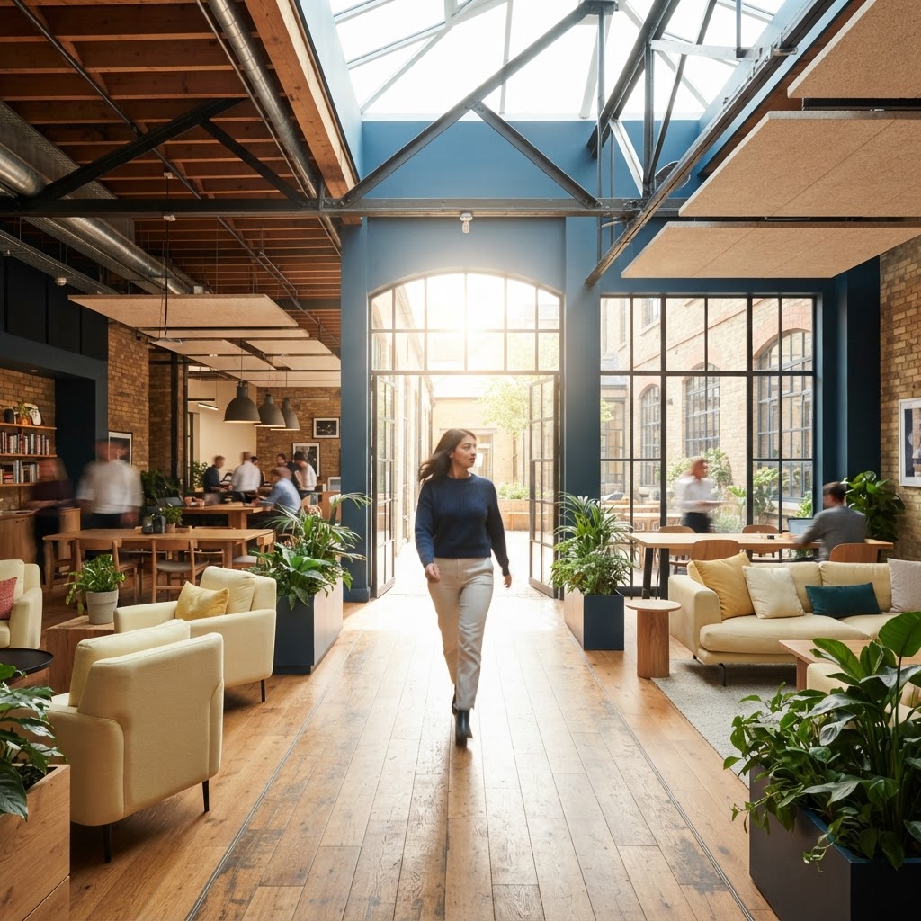 A person walking through a bright modern workspace