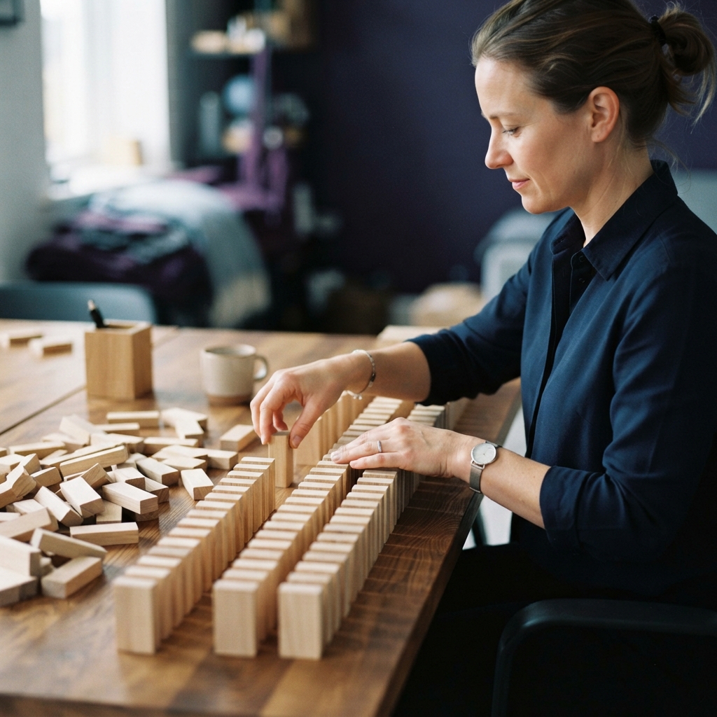 Organizing wooden blocks on a desk representing clarity