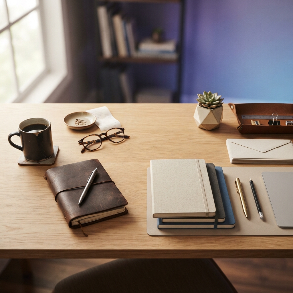 Clean and organized desk workspace with warm lighting