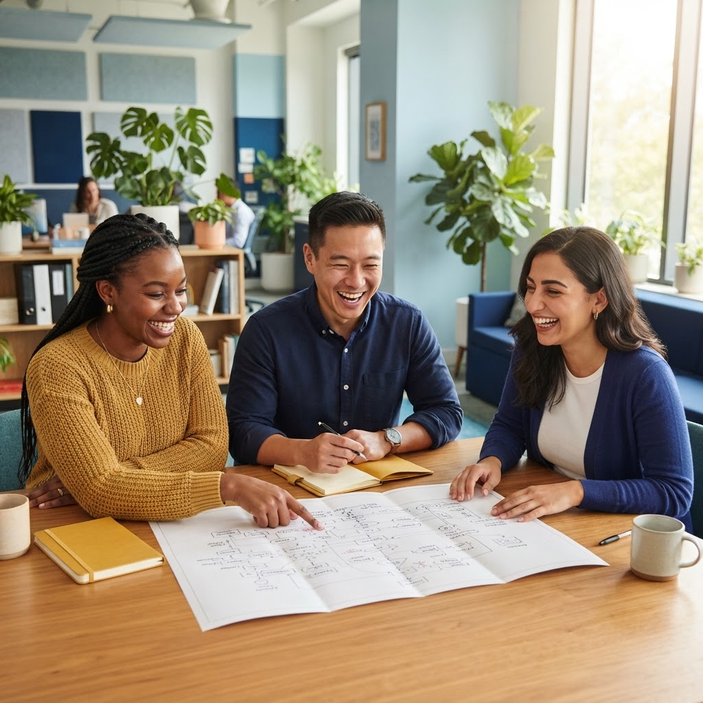 Diverse team collaborating in a bright modern office