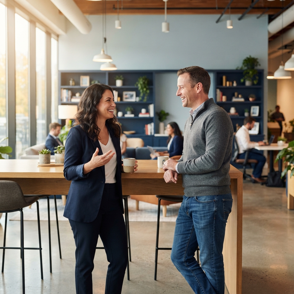 Two colleagues having a relaxed conversation in a sunlit office