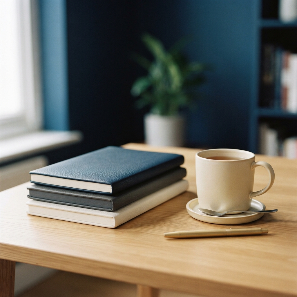 Clean and organized desk workspace with notebooks