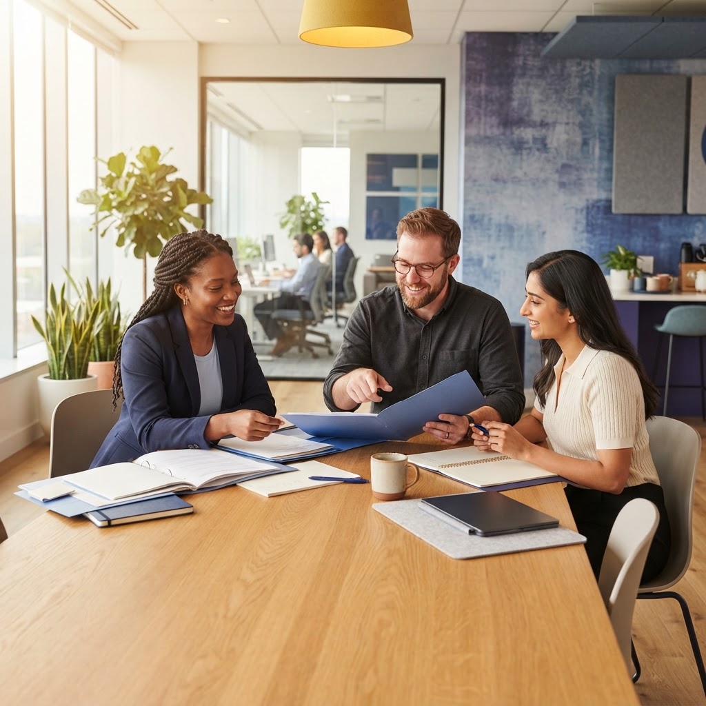 Diverse team collaborating happily in a bright modern office