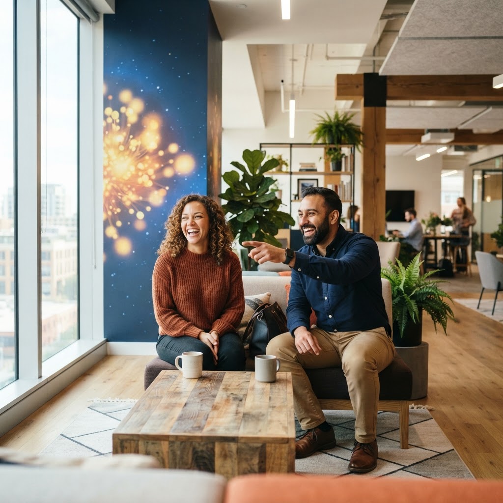 Two colleagues engaged in a relaxed conversation in a sunny office