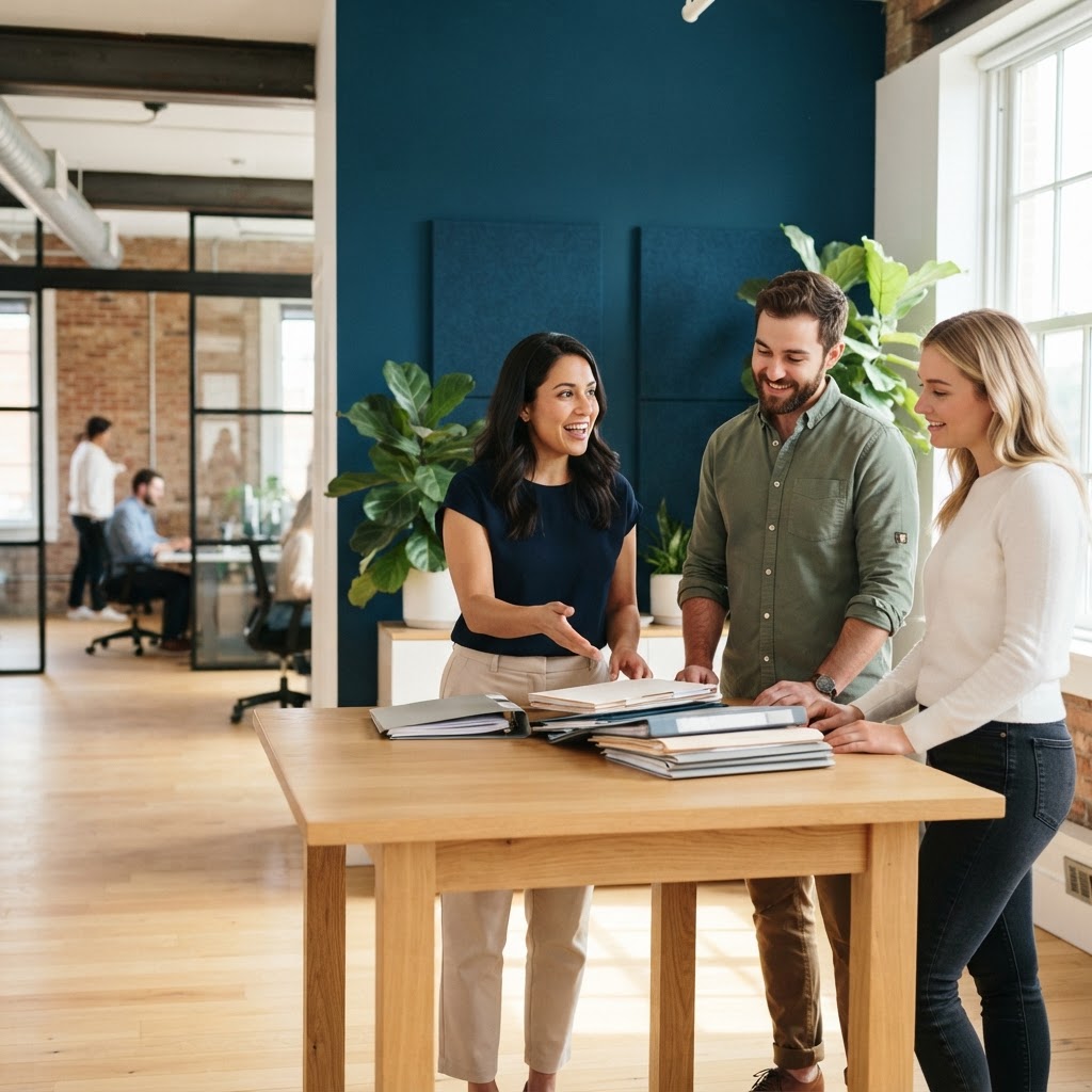 A team of three collaborating in a modern sunlit workspace