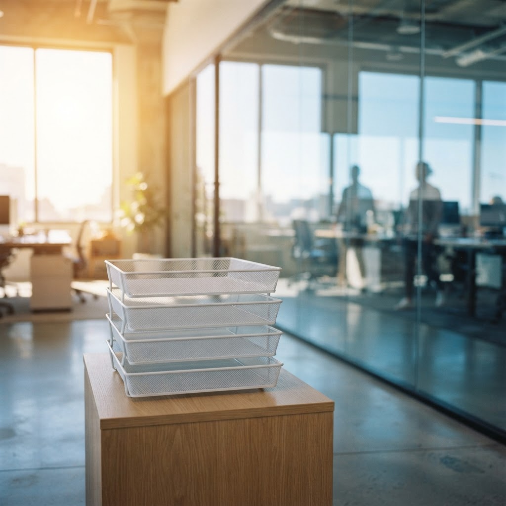 Empty organized paper trays in a bright modern office