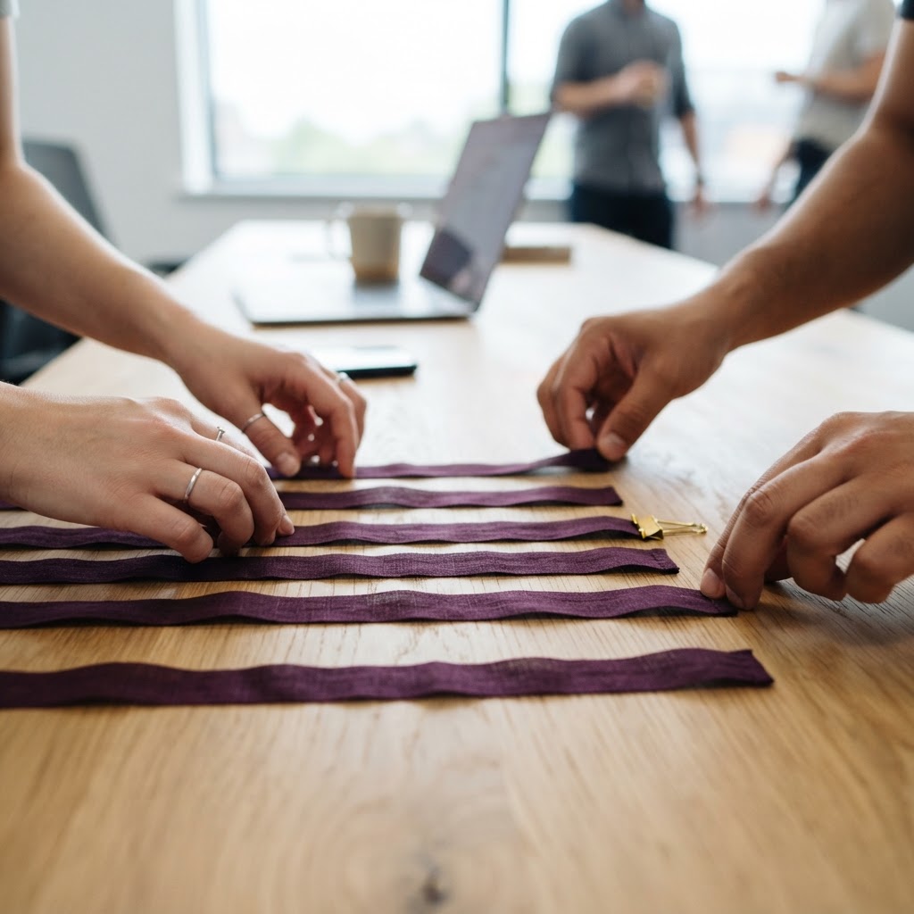 Hands organizing tangled ribbons into neat rows on a desk