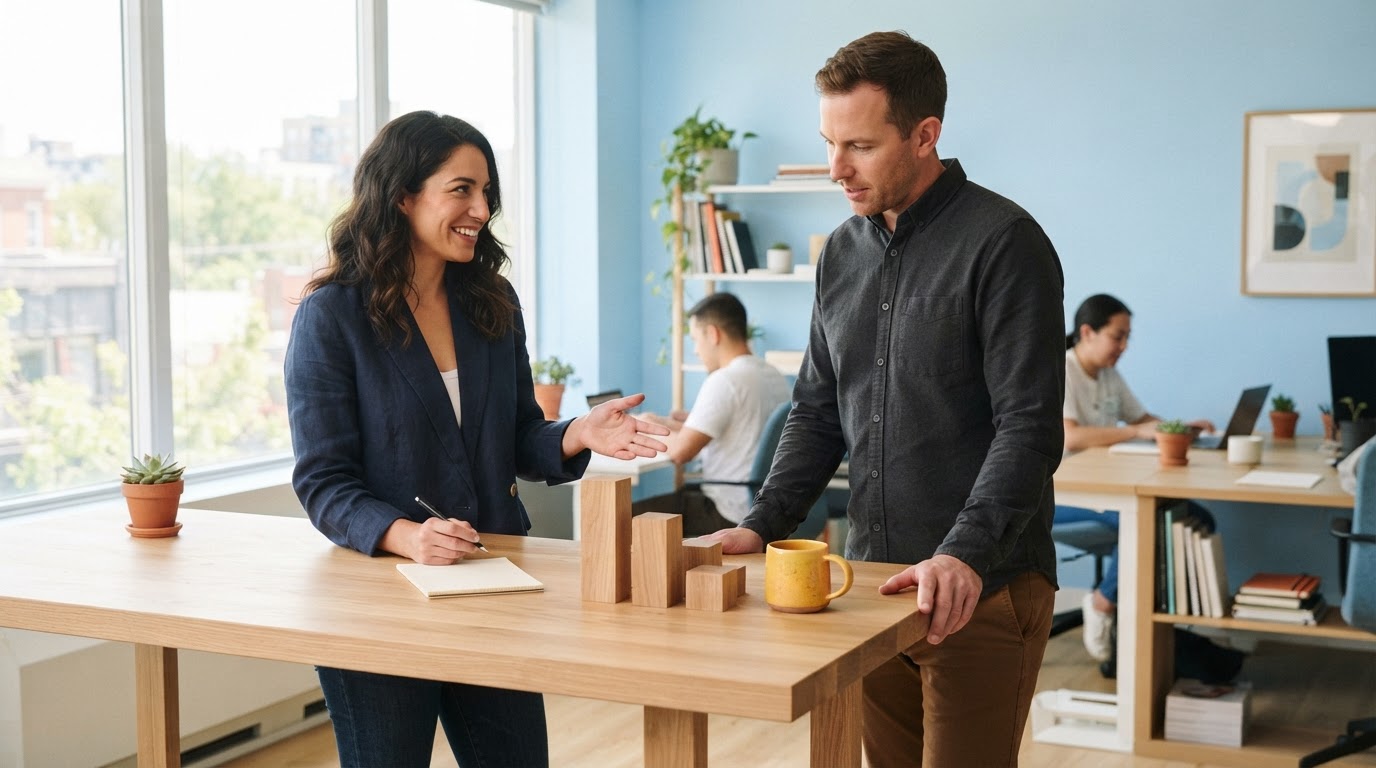 Two colleagues discussing budget tiers in a sunlit modern office