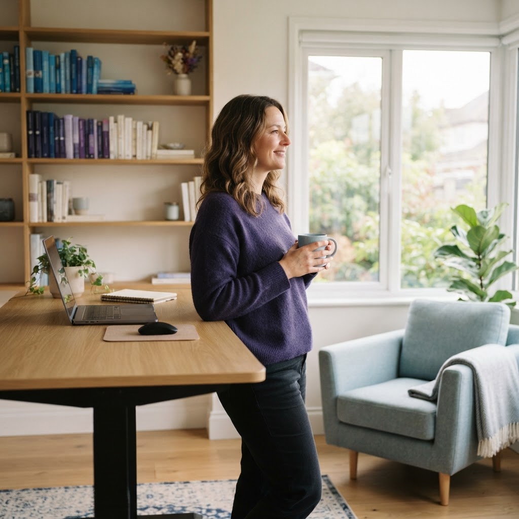 A person standing at a clean desk in a sunlit office