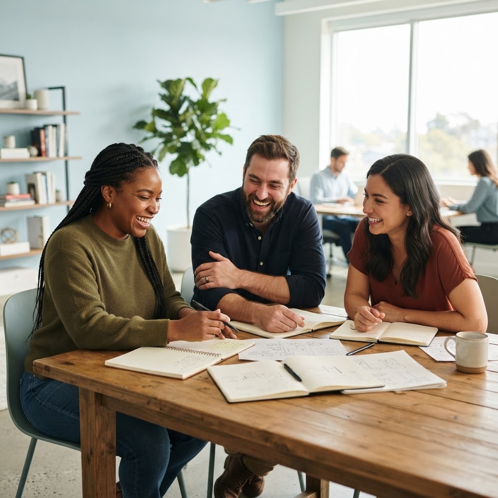 A team discussing work in a bright modern office