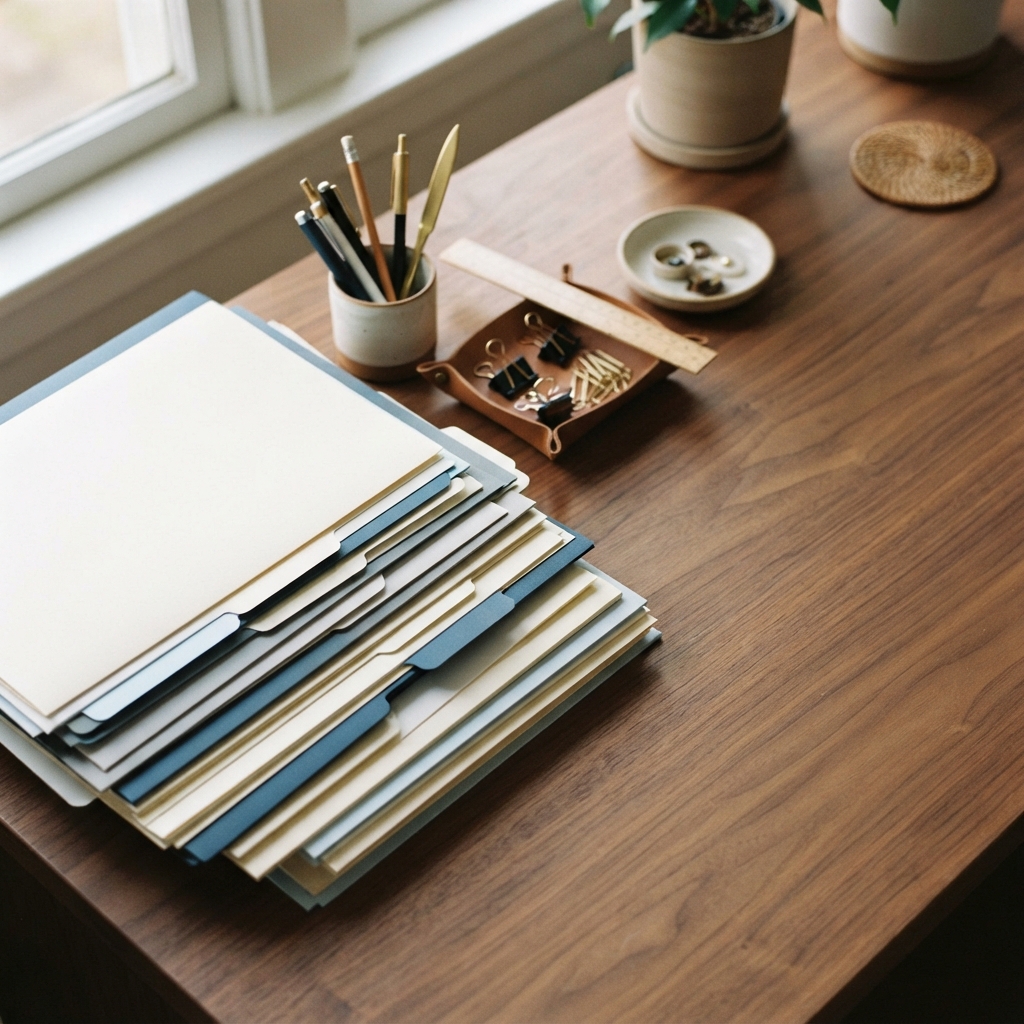 Organized papers on a clean wooden desk