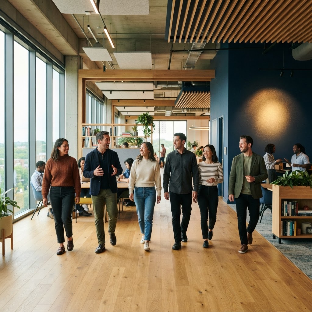 A team walking together in a modern bright office