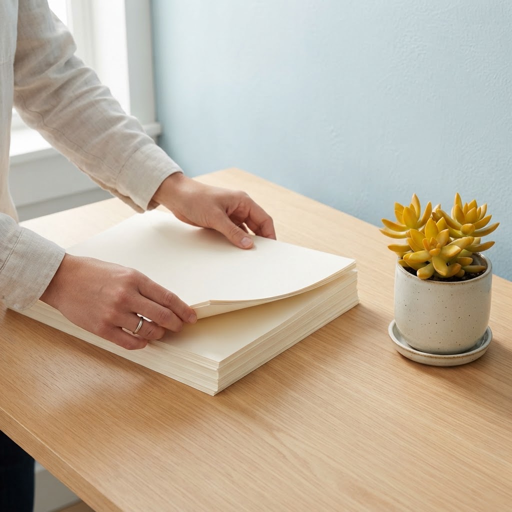 Organized papers and a small plant on a desk