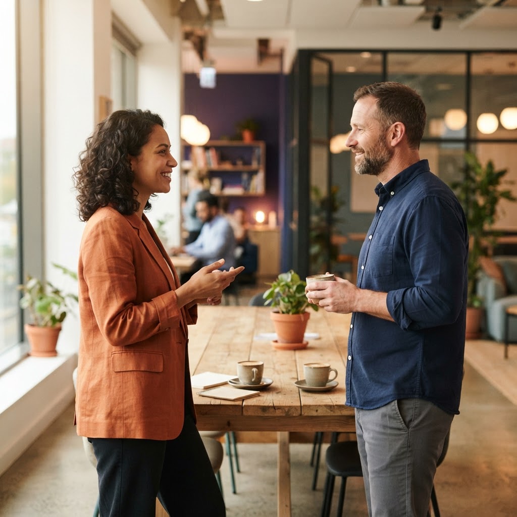 Two colleagues collaborating in a sunlit office space