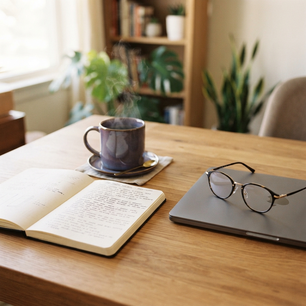 A clean and organized desk workspace with a coffee mug