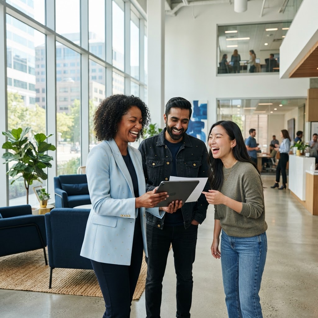 A happy startup team collaborating in a modern lobby