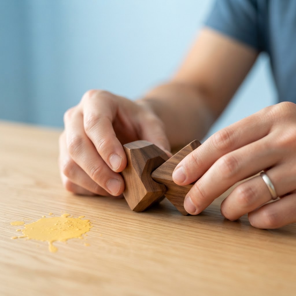 Hands connecting two wooden puzzle pieces on a desk