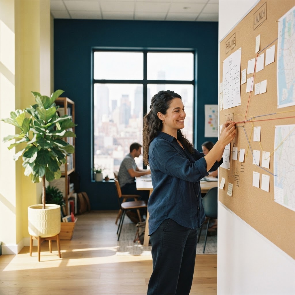 Operations lead organizing a wall of workflows