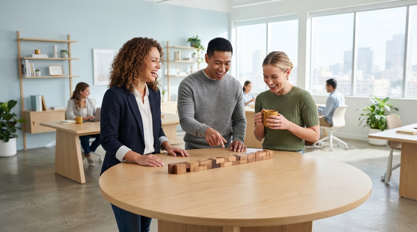 Colleagues collaborating at a table with puzzle pieces