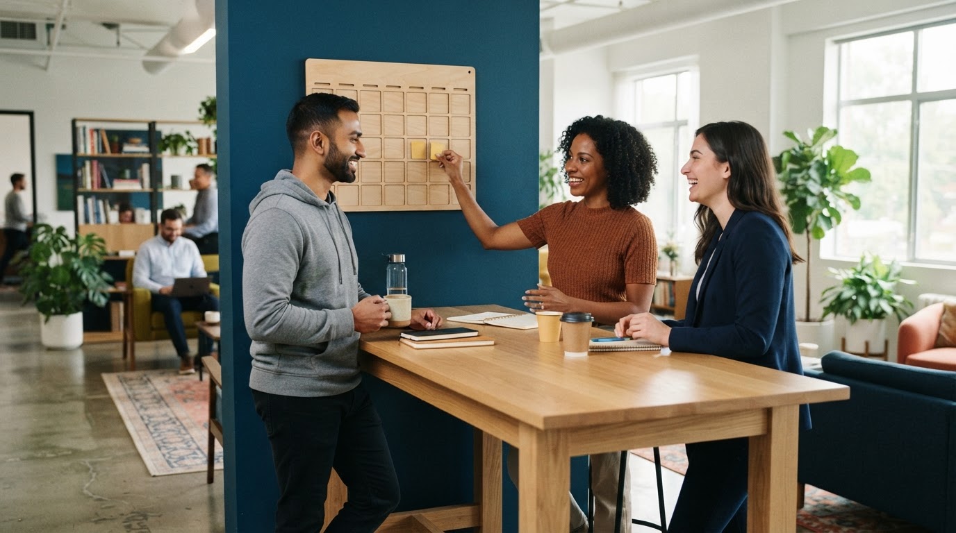 Team members chatting near a wooden calendar board