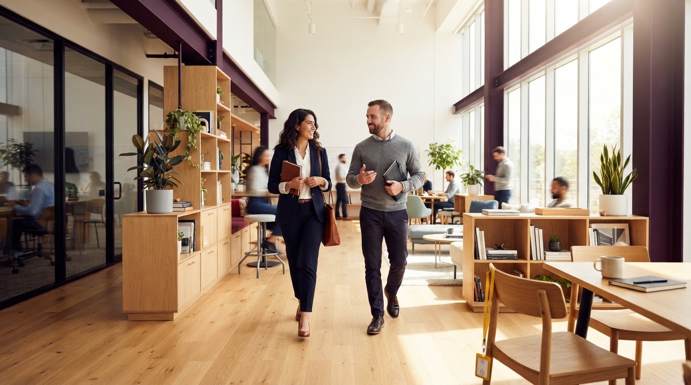 Two colleagues walking in a bright modern office