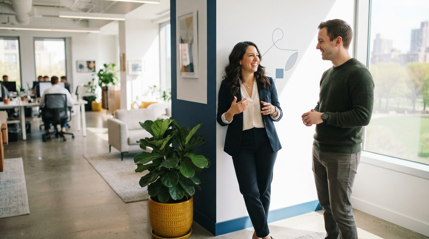 Colleagues having a relaxed conversation in a bright office