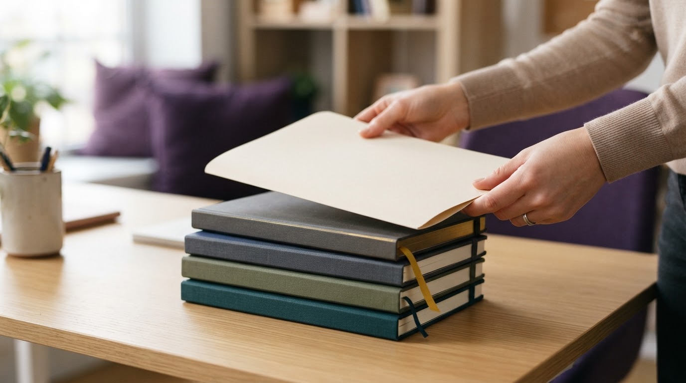 Organized journals and documents on a desk