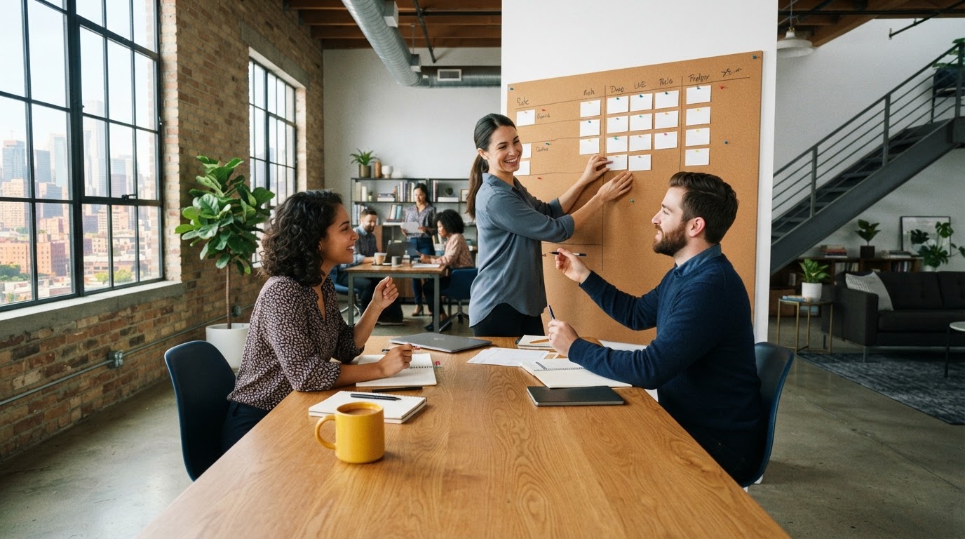 Team members collaborating in a bright modern office