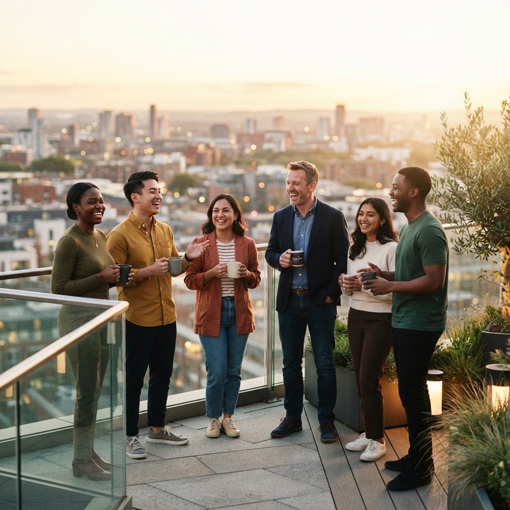 A small team laughing together on an office balcony