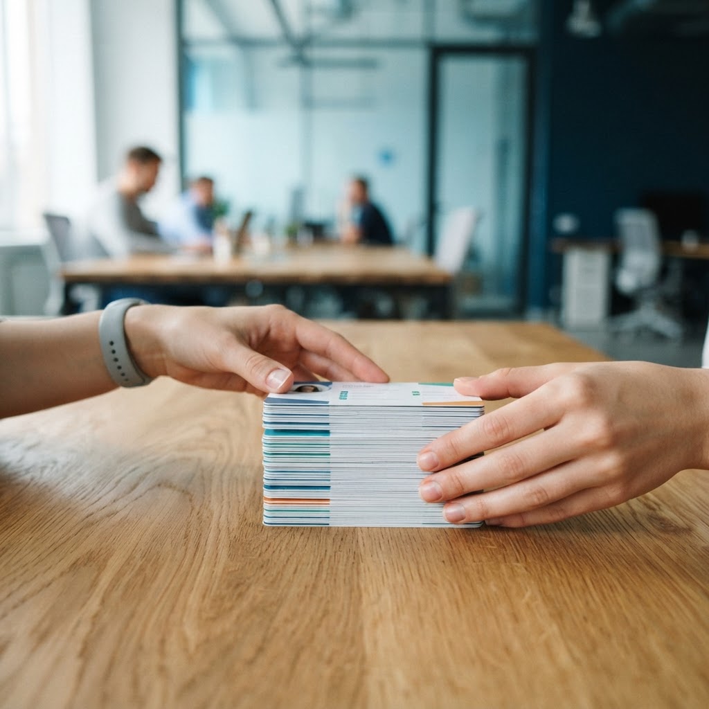 Hands organizing professional employee profile cards on a desk