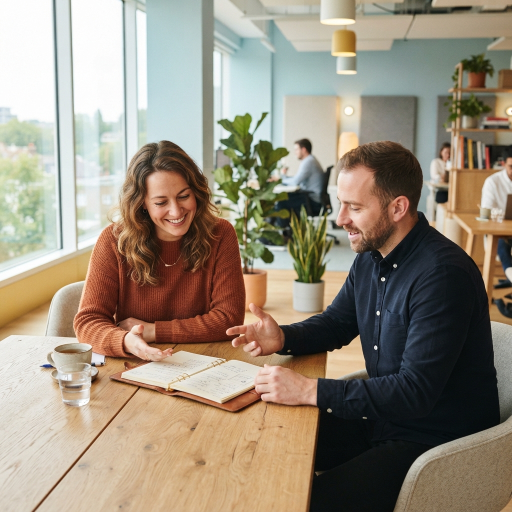 Two colleagues collaborating in a bright modern office
