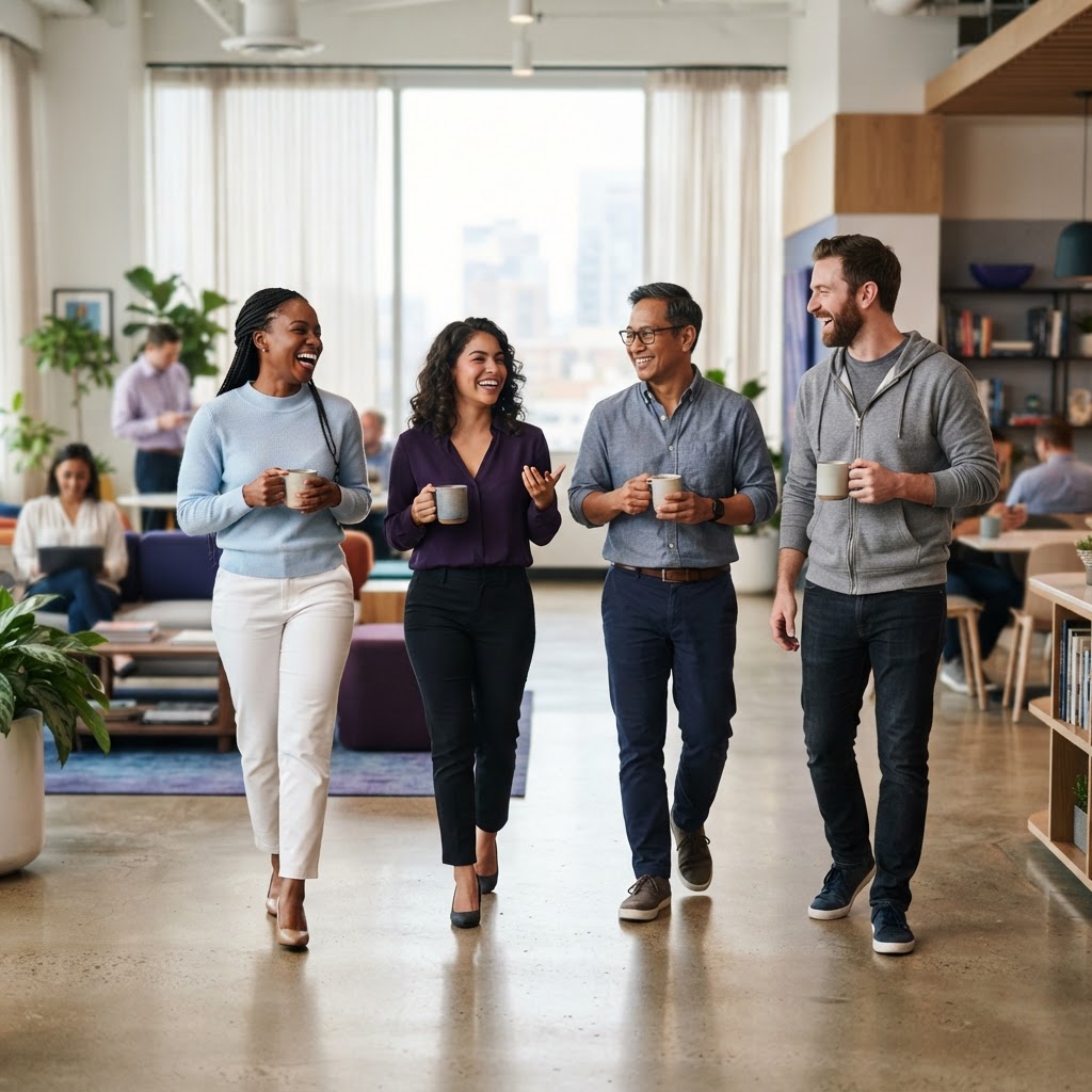 A happy team interacting in a sunlit office