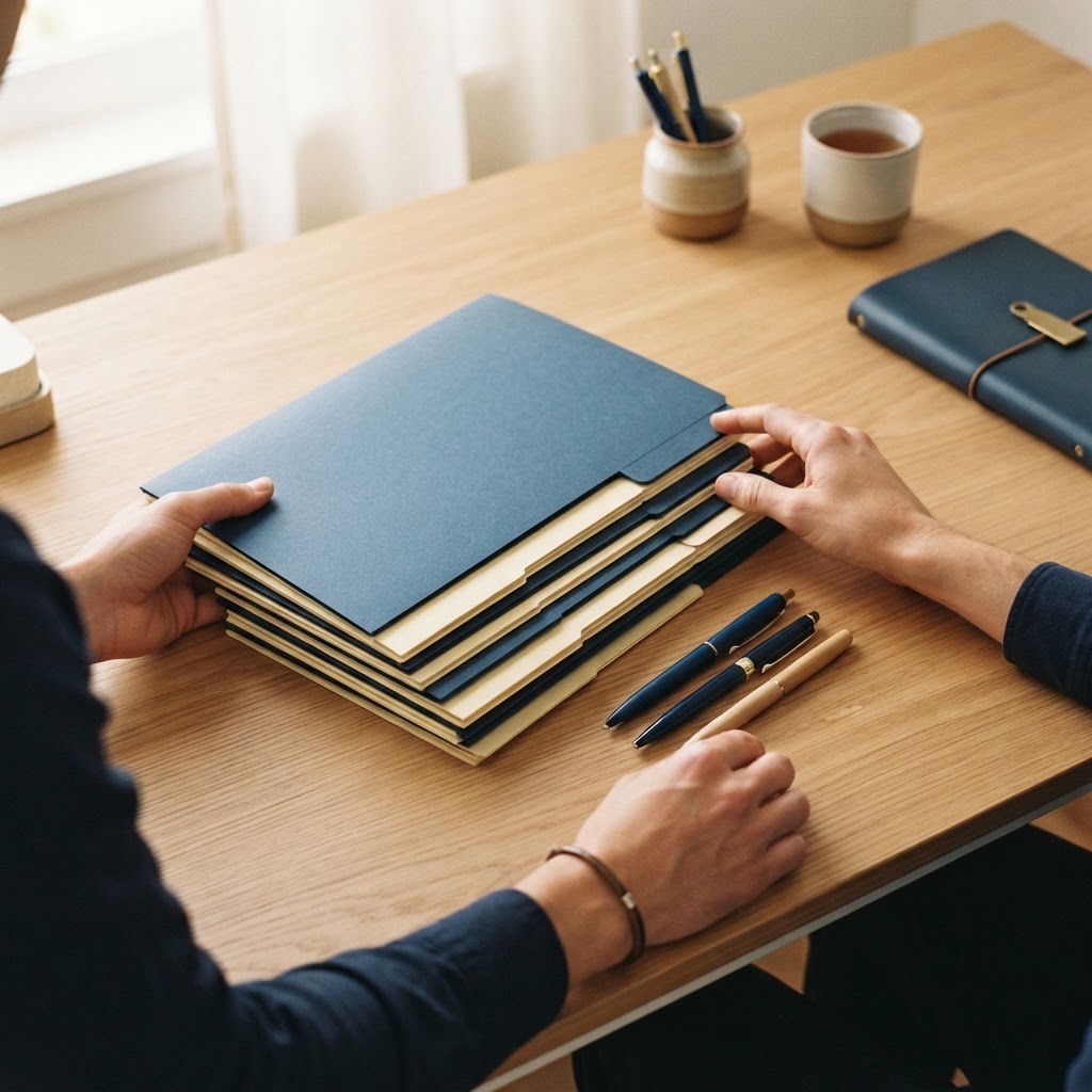 Hands organizing physical paperwork on a clean desk