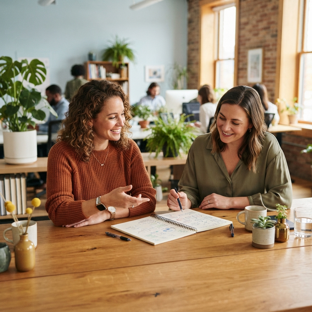 Two colleagues collaborating at an office table